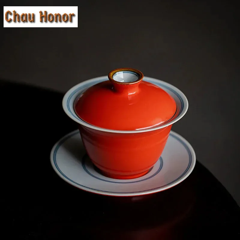 150ml Coral Red Hand Drawn Double Line Ceramic Tea Tureen Sancai Covered Bowl Tea Cup Single Gaiwan Household Kung Fu Tea Set