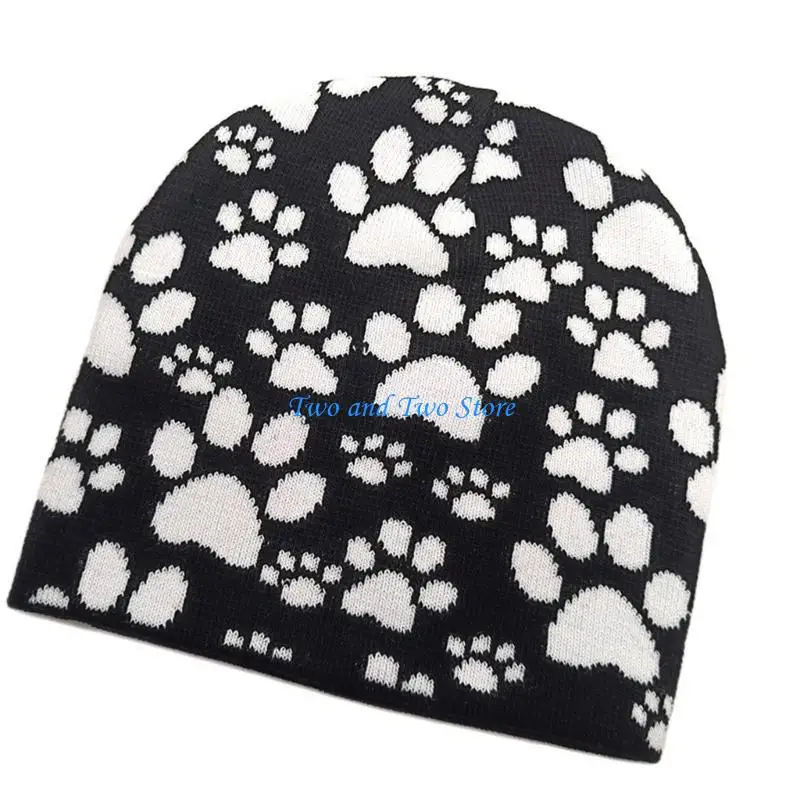 

HX6F Street Dancing Brimless Hat for Adult Fashion 2000s Dog Paws Pattern Caps for Teens Girl Boy Hiphop Hat Winter Head Warmer