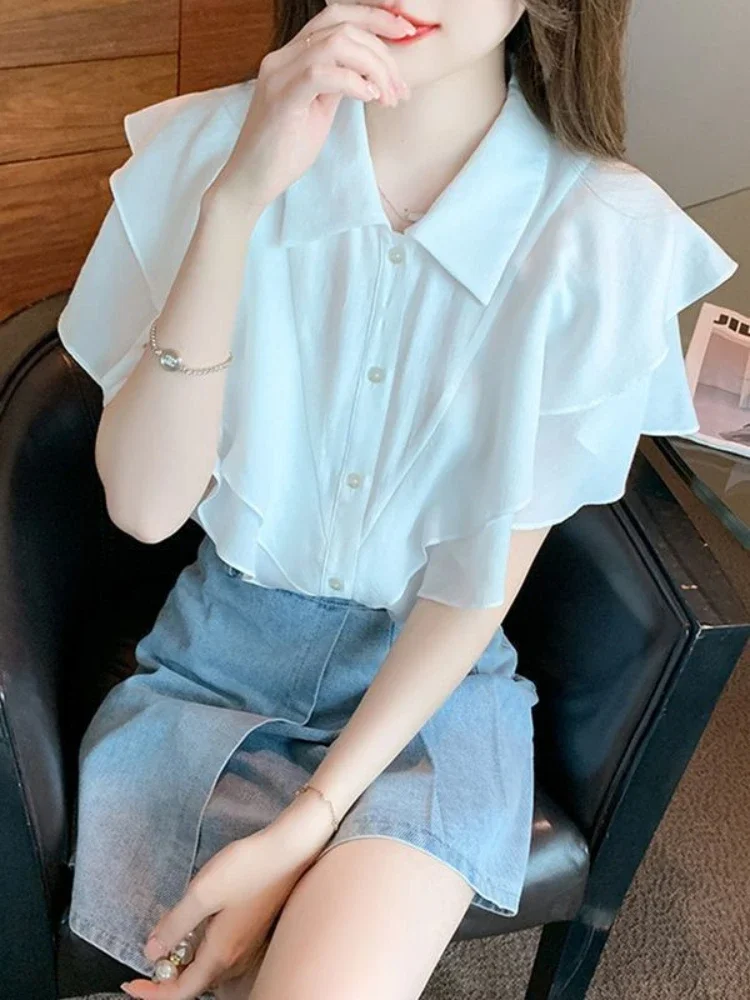 Frill Ruffle with Short Sleeve Shirts & Blouses for Women Summer Blouse Fine Elegant Korea Woman Top Stylish Streetwear New 2024