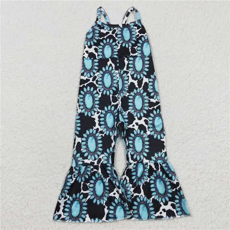 

Wholesale Girls Summer Suspender Long Sleeve Jumpsuit Flare Pants Pattern Flower Print Color Bright Ruffle