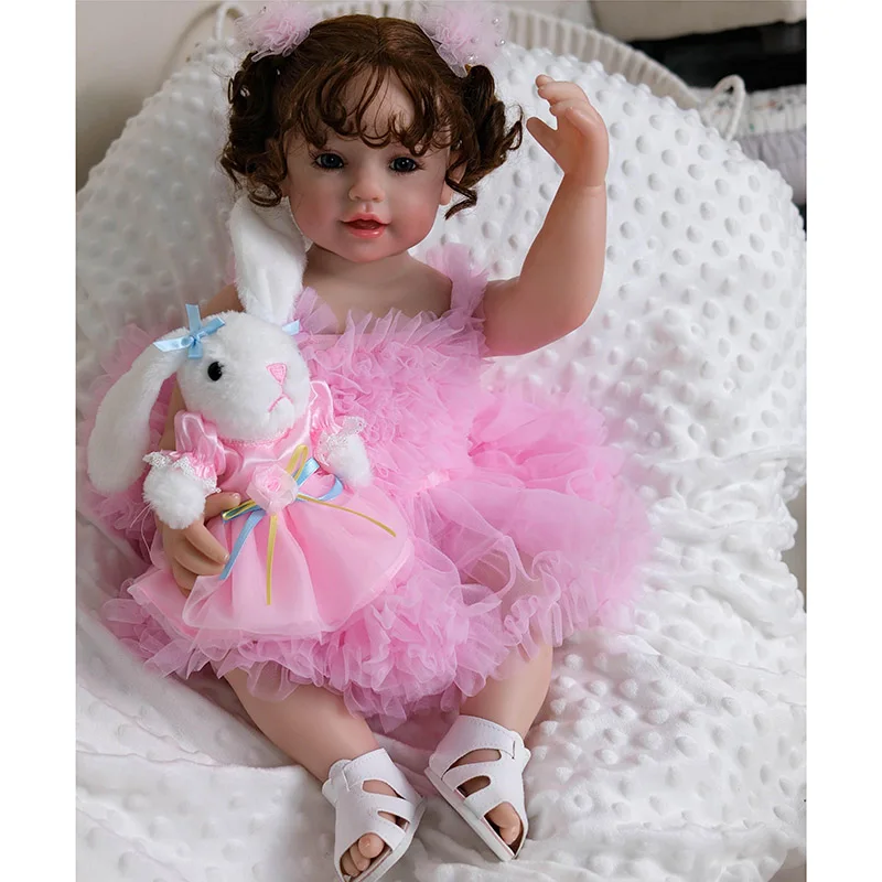 22inch 55cm Full Body Soft Silicone Vinyl Smiling Toddler Girl with Curl Hair