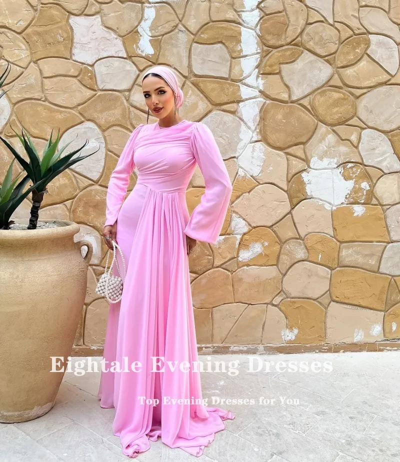 Eightale Arabisches Abendkleid mit O-Ausschnitt, maßgeschneidert, muslimisches Chiffon, lange Ärmel, Falten, Meerjungfrau, rosa Abschlussball, Hochzeit, Partykleid