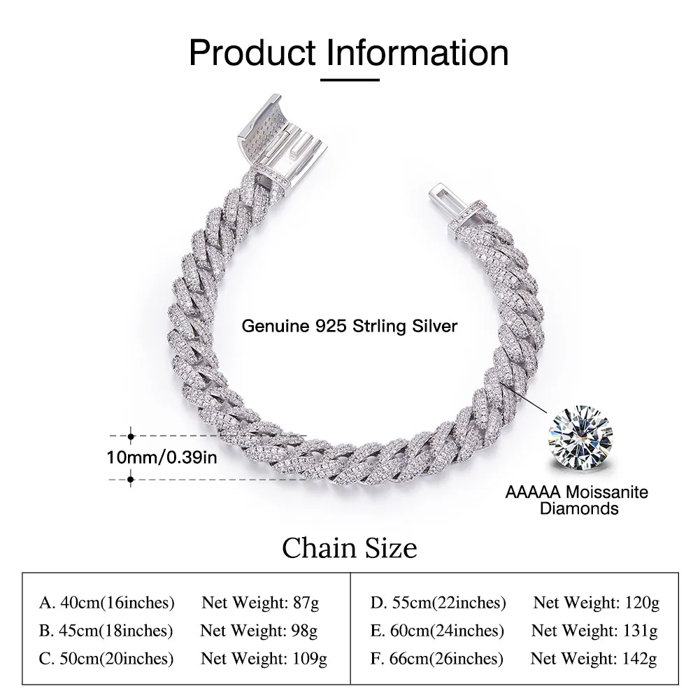 Smn53 S925 Sterling Silver Jewellery 10mm Pass Diamond Tester Iced Out Moissanite Cuban Link Chain Hip Hop Vvs1 Moissanite Chain