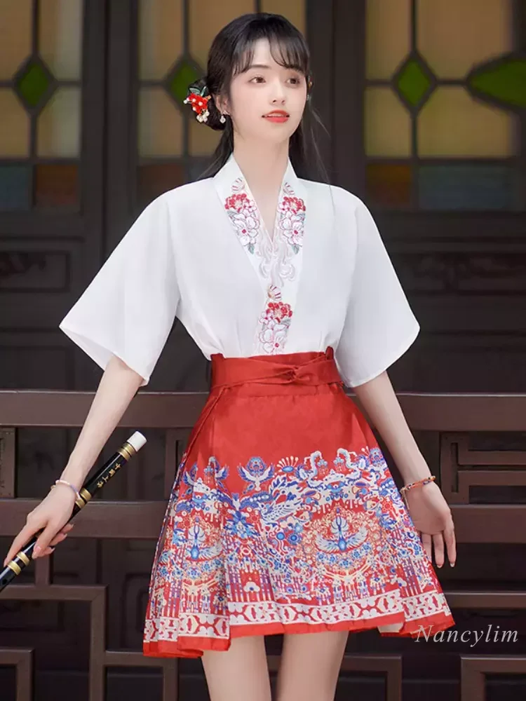 

Red Short Horse-Face Skirt Women's Summer New Sprint Chinese Style Improved Hanfu Work Daily Skirts Short Faldas