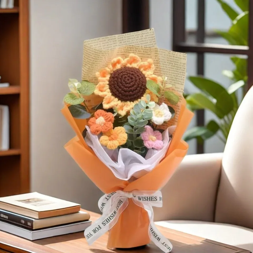 1pc Crochet Bouquet, Efun Handmade Sunflower Daisy Bouquet Valentine's Day Anniversary Wedding Mothers Day Birthday Gift 4