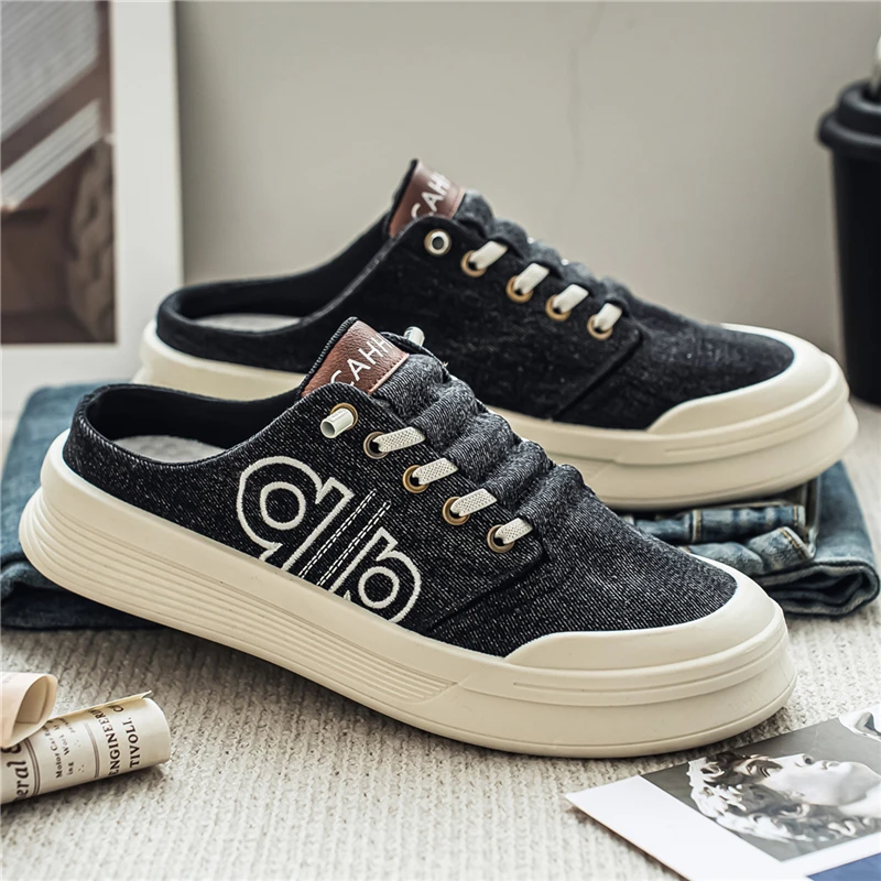Backless Slip-On Shoes for Men, Thick Platform Sole Casual Footwear, Embroidered Lazy Daily Commuter Shoes