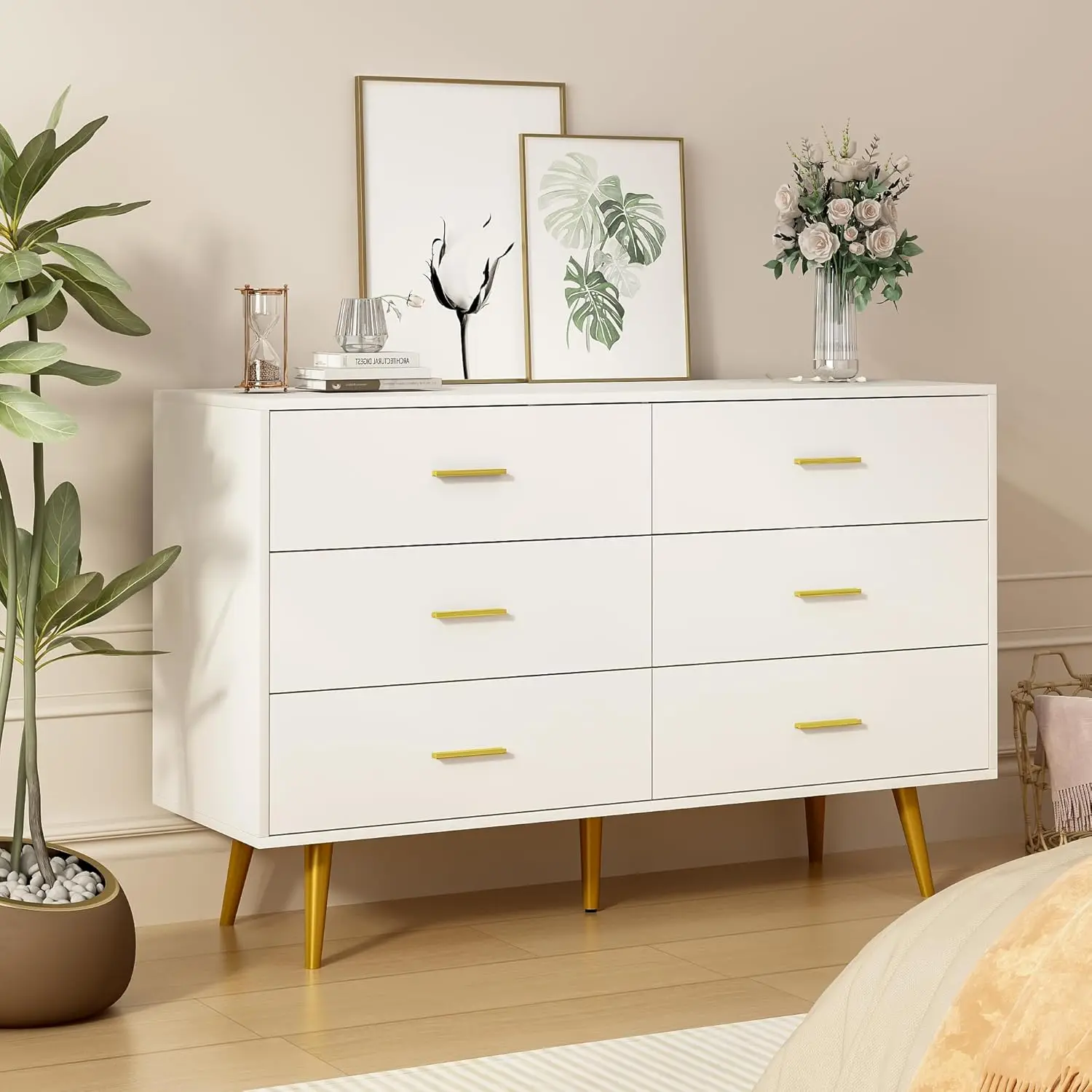 White Dresser for Bedroom, 6 Drawer Wood Dresser with Golden Handles, Modern Dressers & Chests of Storage Drawer for Entryway Ha