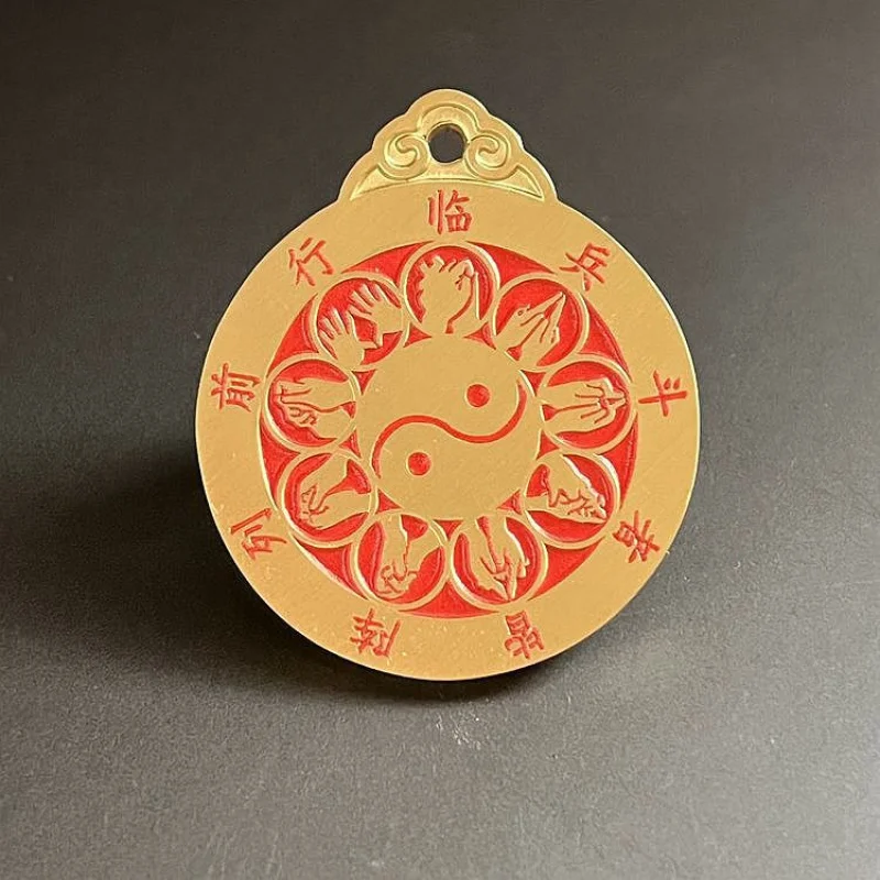 Taoist Wen Chuang Ten Grades Nine Character Mantra Gourd Gesture Diagram Round Brass Cinnabar Precision Cast Pendant Man