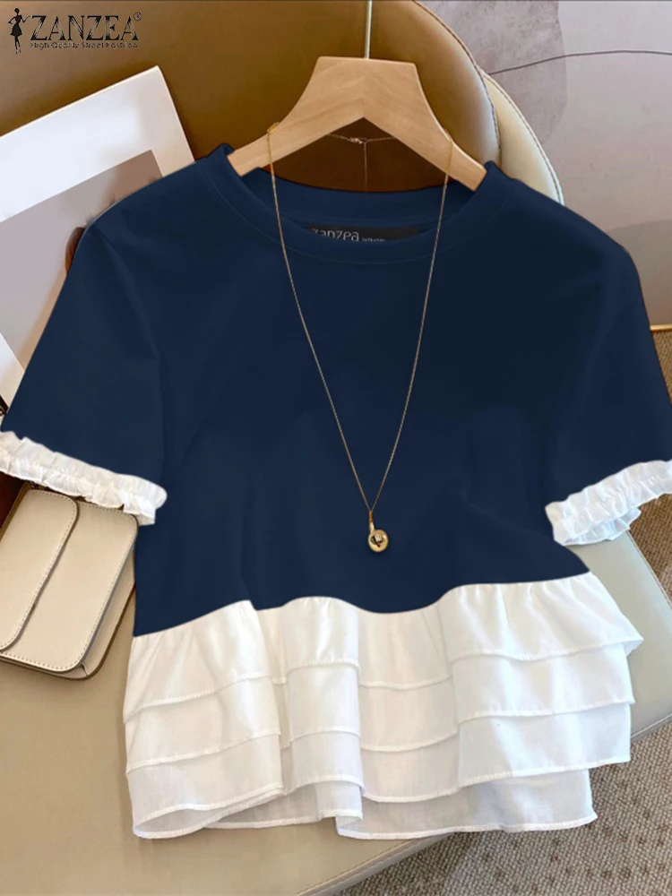 ZANZEA-camisetas elegantes a la moda para mujer, camisetas informales de verano con cuello redondo y manga corta con volantes, dobladillo en capas, camisetas de retazos de colores contrastantes