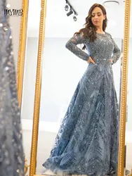 MYMB Blue Long Sleeves A-Line Beading Lace Elegant Party Dress for Wedding Guest Arabic Modest Crew Neck Muslim  Evening Gonws