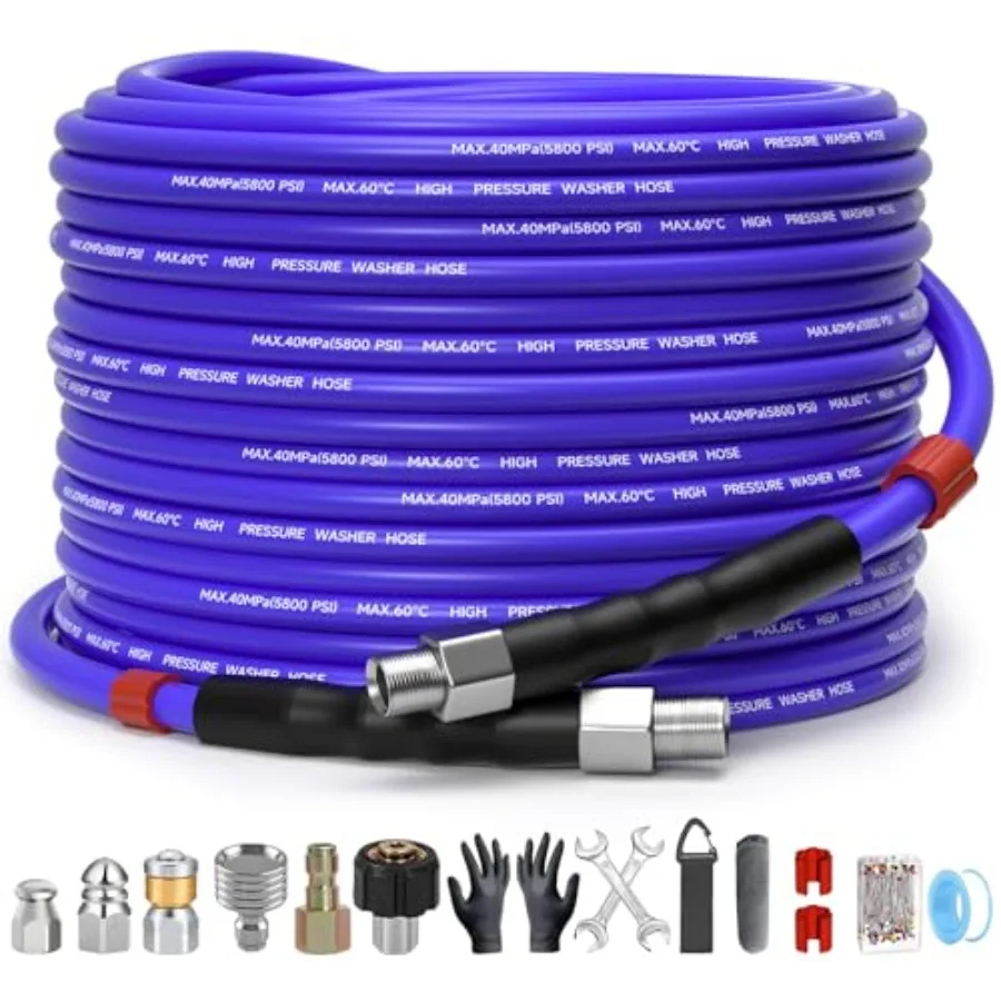 

50Feet Sewer Jetter Kit for Prure Washer 1/4"NPT Drain Cleaner Hose 5800PSI Corner Rotating and Button Hose Sewer Jetting Nozzl