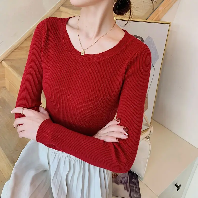 Autumn Winter New Fashion Round Neck Long Sleeve Women\'s Clothing Pullovers Slim Solid Color Knitting Korean All-match Blouses