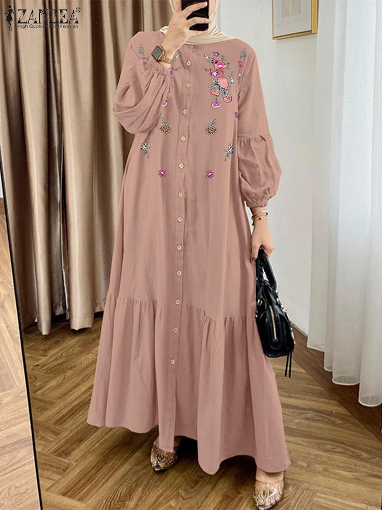 

ZANZEA Vintage Fashion Loose Eid Dress Floral Embroidery Womens Lantern Sleeves Elegant Maxi Dresses Modest Muslim Abaya Robes