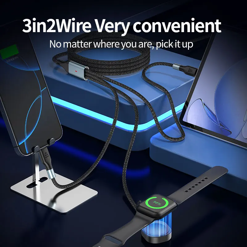 كابل شاحن لاسلكي مغناطيسي 3 في 2 USB C ينطبق على شحن الساعة، سلك متعدد الوظائف لهاتف iPhone 17، Samsung Galaxy S20