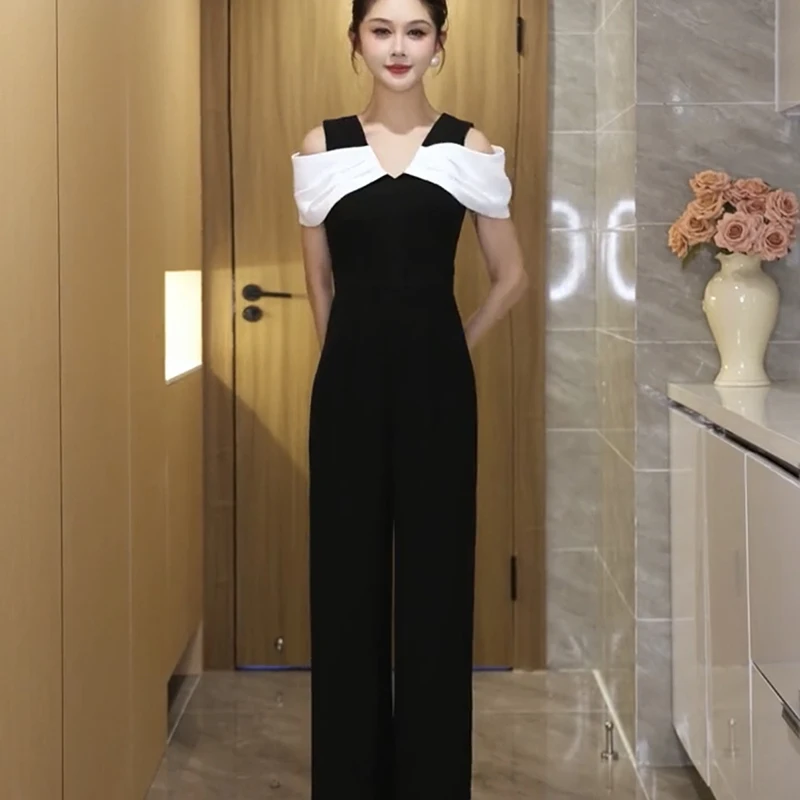 

Women's Off Shoulder Jumpsuit 2025 Summer Wide Leg Pants Color Block Slim Elegant One Piece Romper Trendy Casual Office Jumpsuit