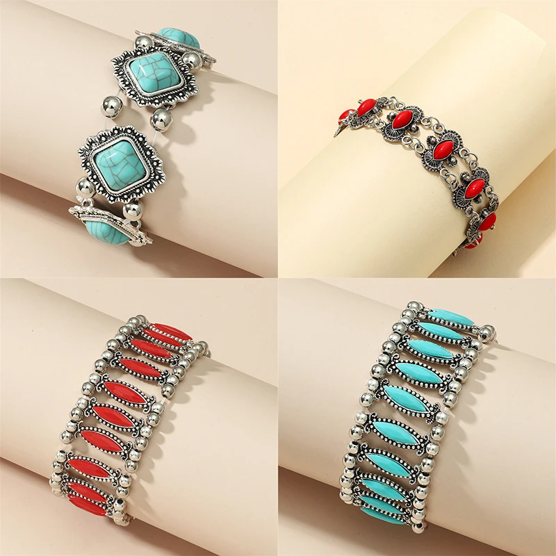 Vintage Boho Turquoise Stone Beaded Bracelet for Women Luxury Rhinestones Charm Bangle Ethnic Bracelets Accessories Jewelry Gift