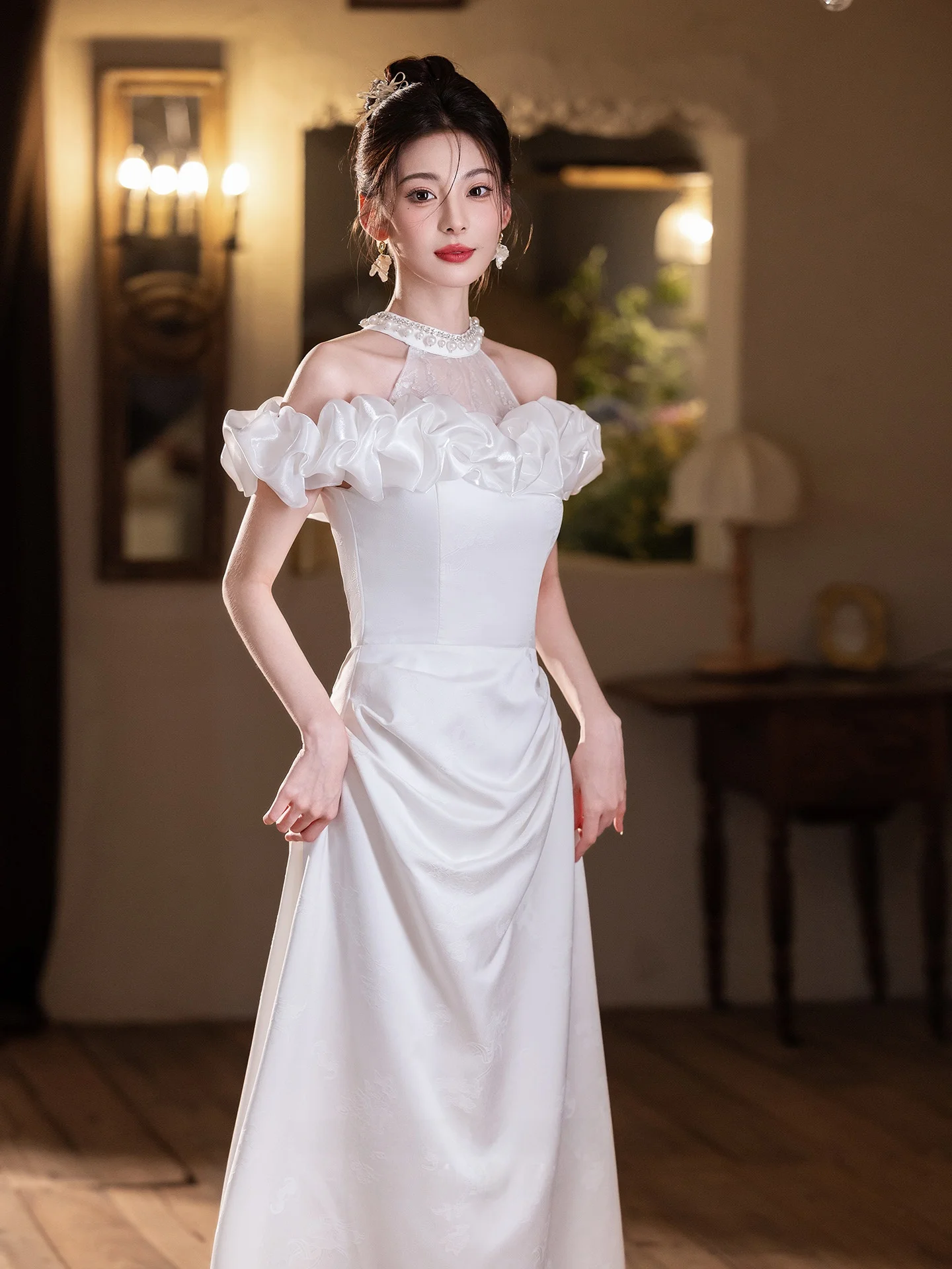 

Элегантное белое свадебное платье-вечернее платье для невесты, ведущей, на помолвку, ужин, вечеринку, длинное, в пол, модный стиль