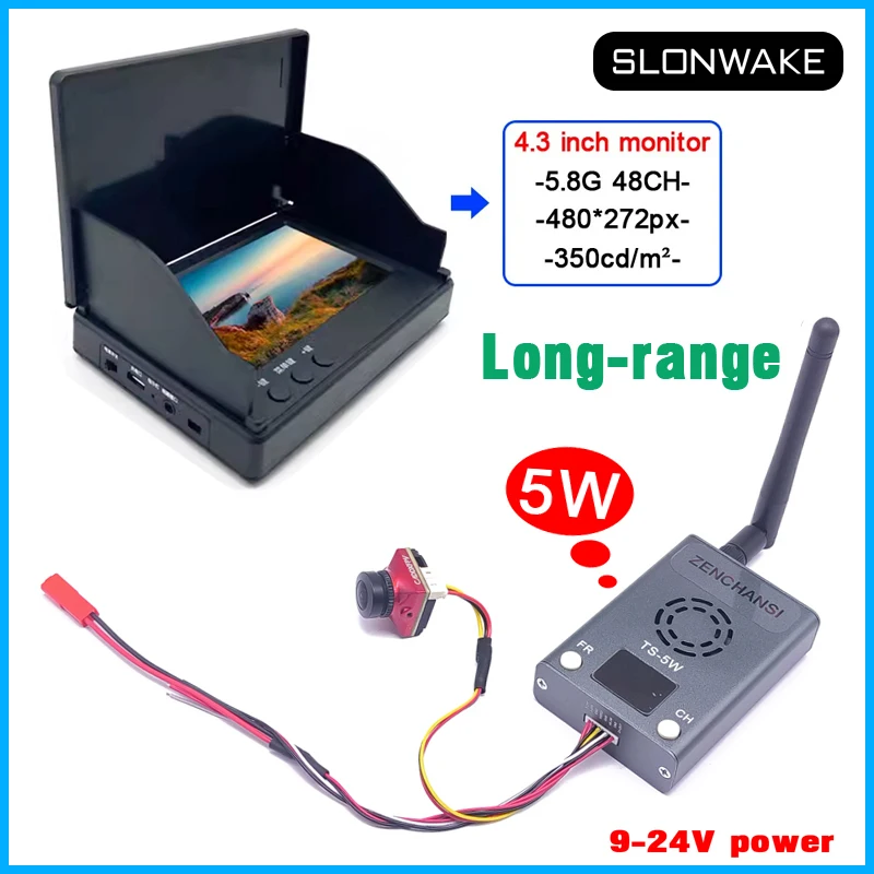 FPV 5W Transmitter Wideband FM Modulate and Caddx Ratel 2 1200TVL FPV Camera+ 5.8G 4.3 FPV Monitor Build-in Battery Video Screen