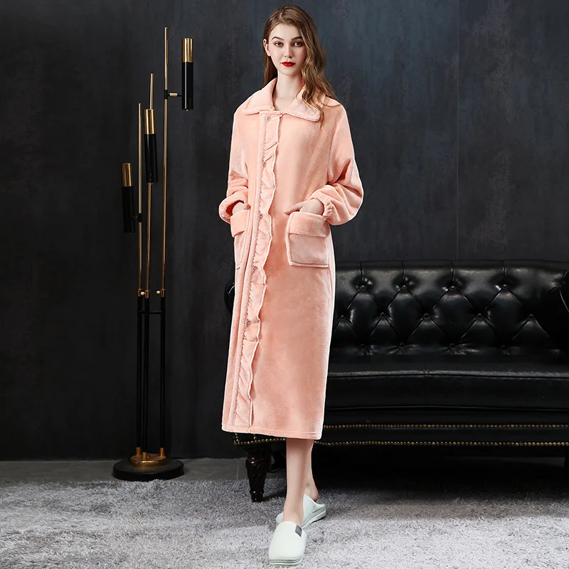 

Winter Lapel Flannel Robe Women Kimono Bathrobe Gown Autumn Winter Thicken Sleepwear Homewear Loose Coral Fleece Nightgown