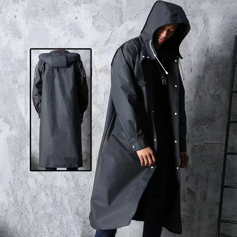 Men Hiking Jackets Black Raincoat Hooded Fashion Adult Waterproof Long Raincoat Outdoor Bike Motorcycle Cycling Fishing Raincoat