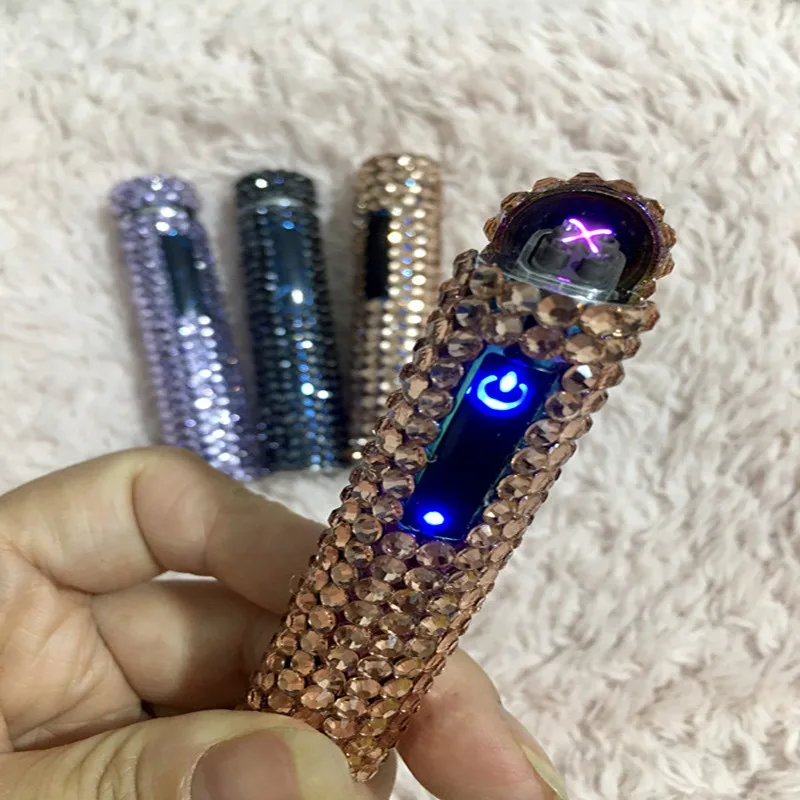 Rhinestone Touch Screen USB Lighter Diamond Luxury Rechargeable Cigarette Lighter Windproof Portable Silent High-end Ladies Gift