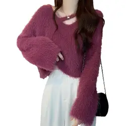 Soft Imitation Mink Fur Sweater Women's Knitted Sweater for Autumn Winter 2024 New Design Sense Loose and Short Style Pullovers