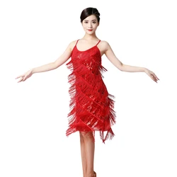 Women's V-neck Sequined Tassels Suspender Latin Dance Dress Sexy Solid Color Charming Rumba Cha cha Tango Samba Dancewear