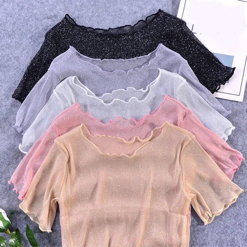 Fashion See Through High Stretch Lace Crop Tops Women\'s Summer Perspective Thin Short-sleeved T-shirt Ruffle Edge Mesh Top Shirt