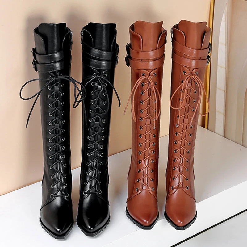 Women\'s genuine leather grea pu leather lace-up autumn knee high knight boots 6cm thick med heel pointed toe high boots shoes 42