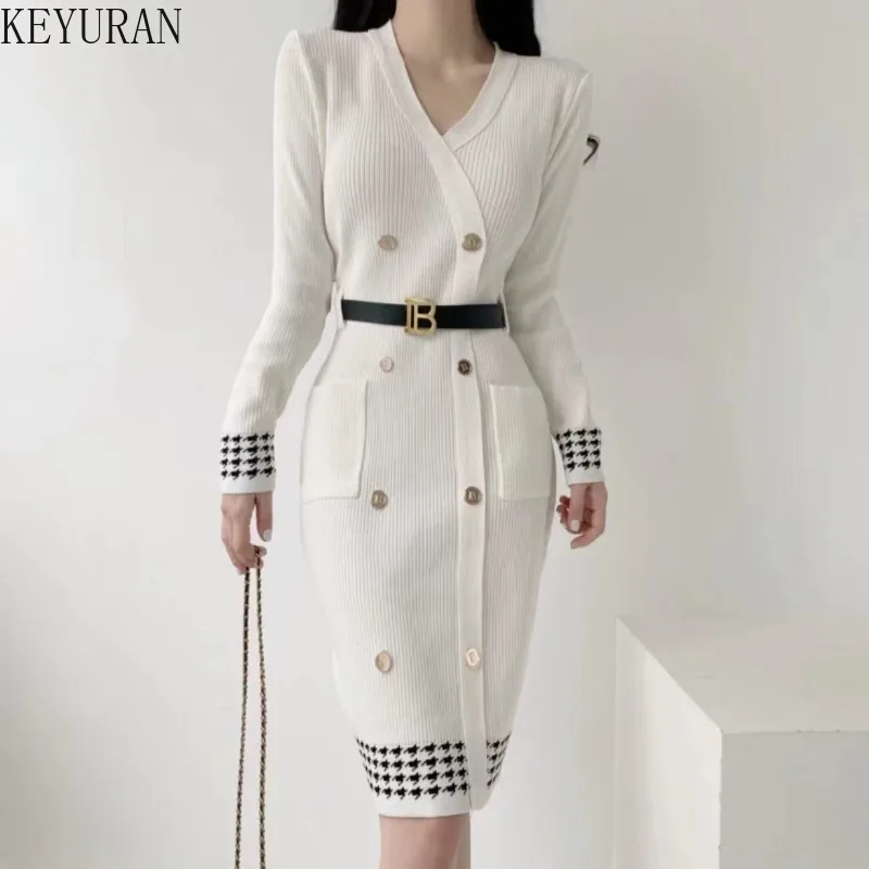 

Spring Vintage Belt Buckle Slim Knitting Dress Women's Korean Fashion V-Neck Double-Breasted Office Lady Sweater Bodycon Dresses