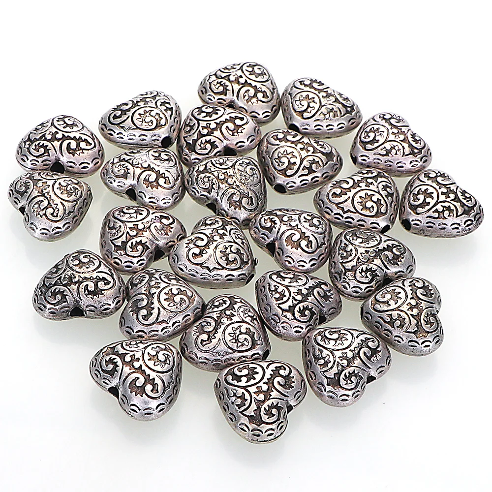 50Pcs 13x15MM Vintage Fluted Corrugated Antique Silver Classic Heart Spacers Charms Beads For Diy Handmade Jewelry Making