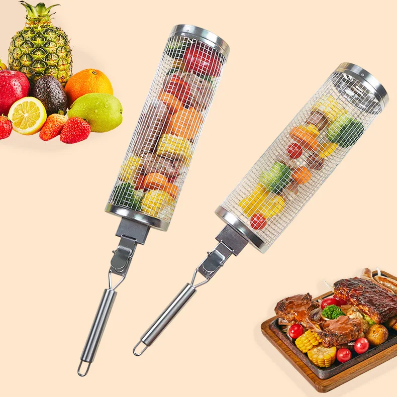 

Stainless steel handle barbecue cage barbecue grill vegetable grill rolling mesh frame outdoor camping barbecue cage