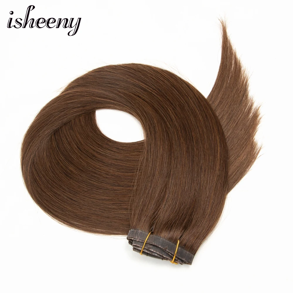 Isheeny PU Clip in Human Hair Extensions 6pcs/set Natural Straight Invisible Brazilian Machine Remy Clip Hair 120g 14\