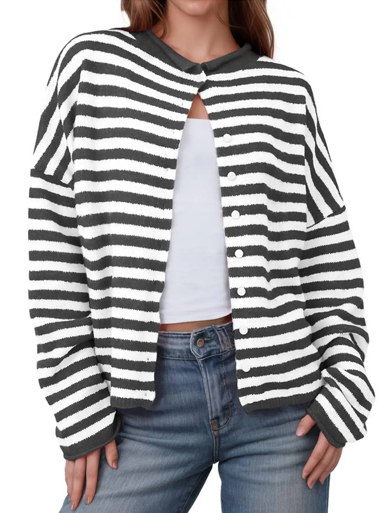 

Women Autumn Winter Striped Knitted Cardigan Elegant Female O-neck Long Sleeve Sweater Casual Tops