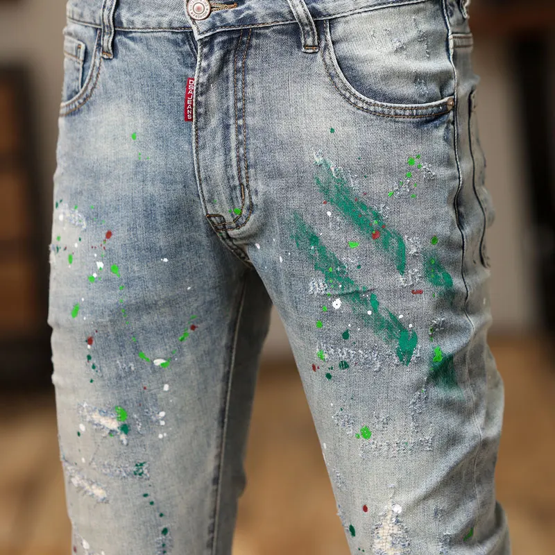 High Street Fashion Men Jeans Retro Light Blue Stretch Skinny Fit Ripped Jeans Men Painted Designer Hip Hop Denim Pencil Pants