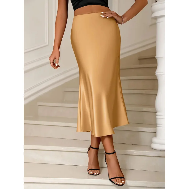 

Женская одежда для трансграничной торговли: Атласная юбка для весны и осени, элегантная облегающая юбка в европейском и американском стиле.