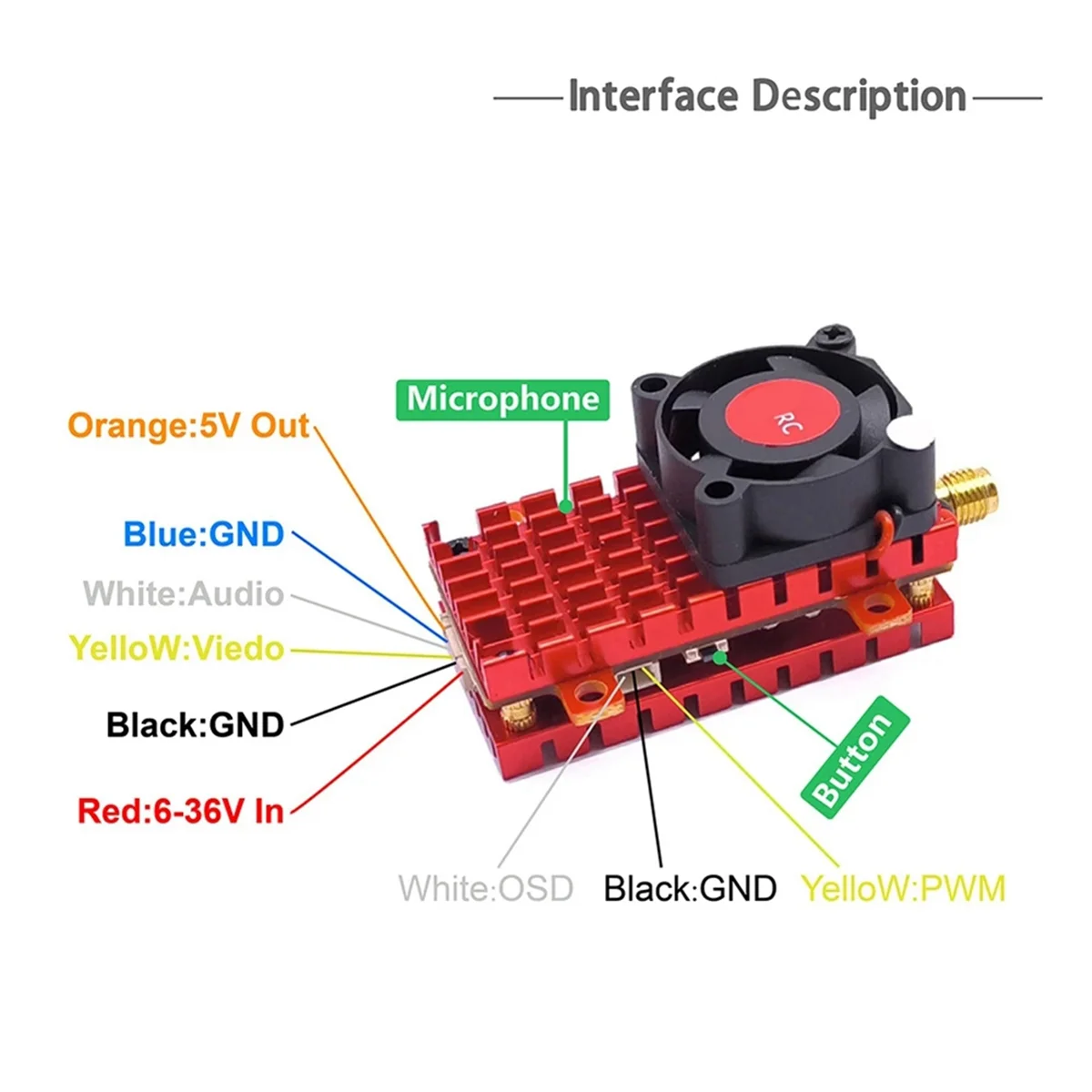 5.8G 48CH 2W FPV VTX+1200TVL Cam Audio Video Transmitter 2000mW Built-in Mic for FPV Long Range RC Drone