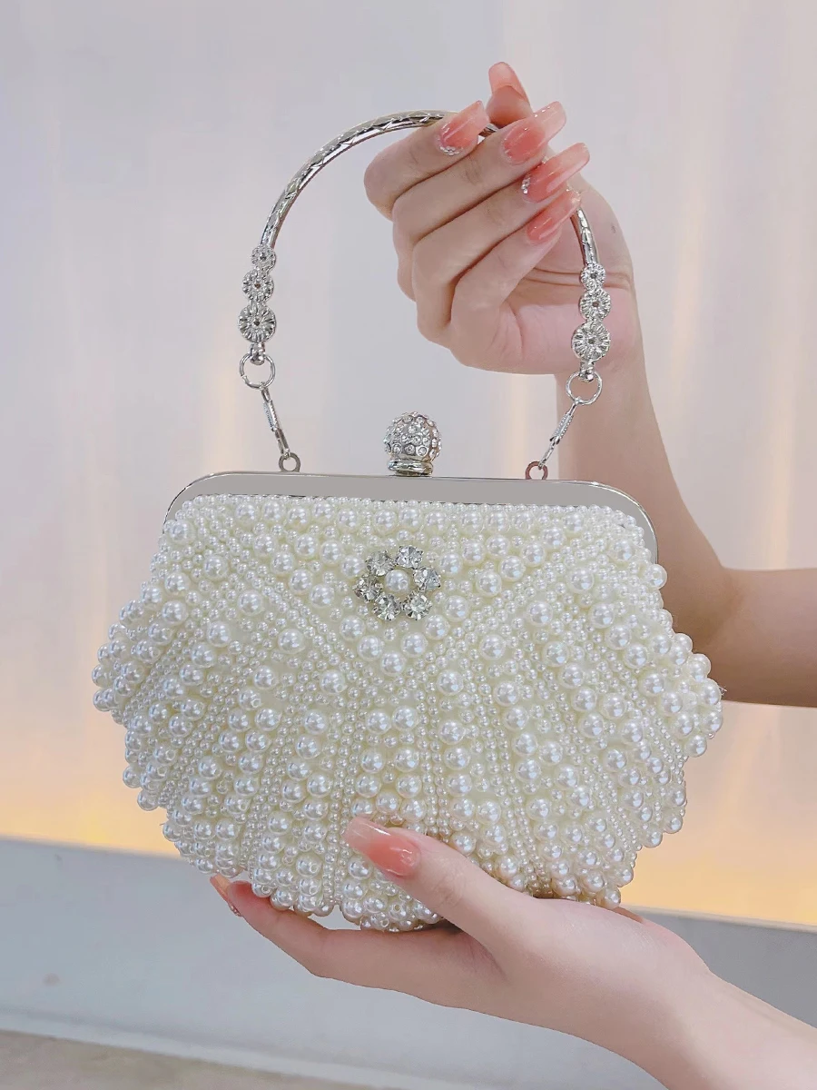 Faux Pearl & Diamond Event Clutch Bag, Buckle Metal Chain Handbag, Floral Handle Party Bag