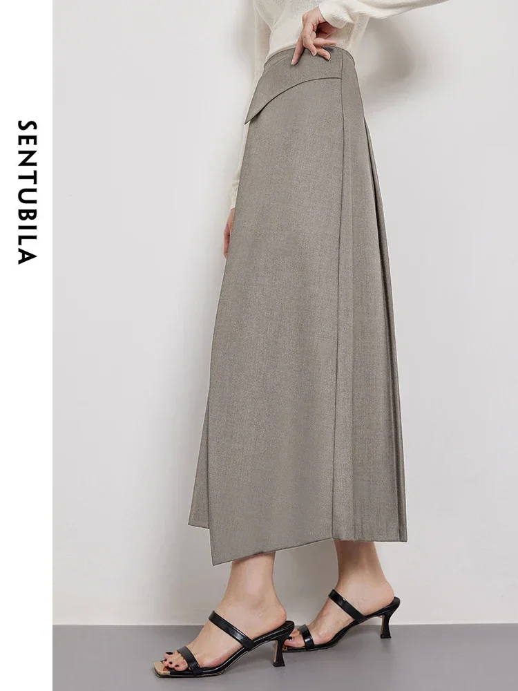 Sentubila feminino irregular saia plissada mulher 2025 primavera outono escritório senhoras a linha elegante midi saia roupas femininas 141q53033