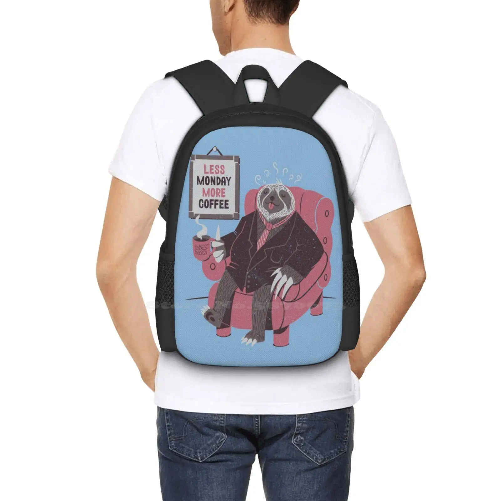 Lunedì modello design bagpack borse da scuola lunedì bradipo animali caffè amante del caffè carino divertente pigro personalizzato economico Tobias Fonseca