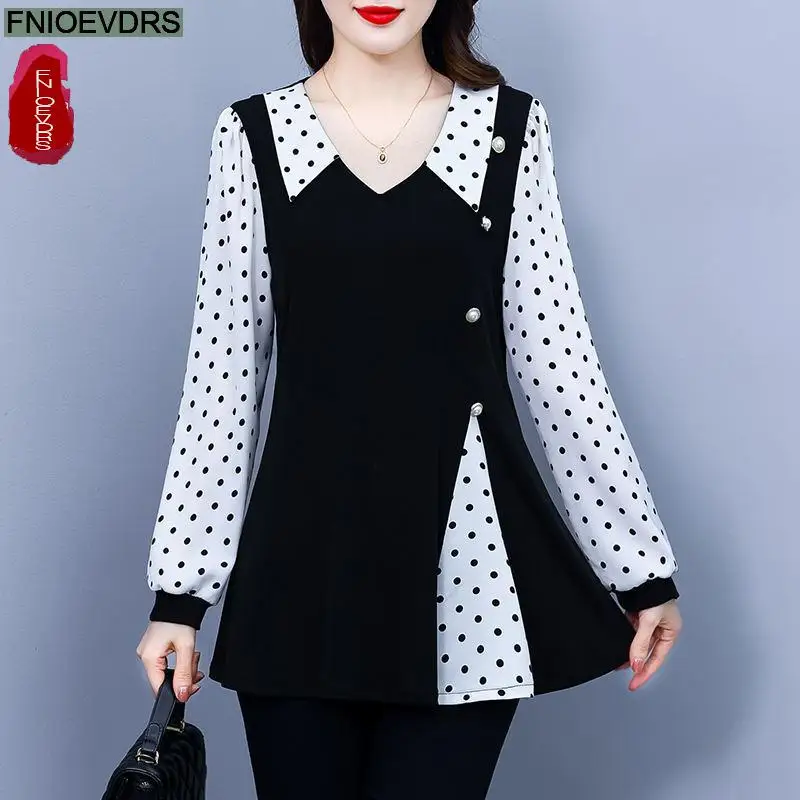 L-5XL 2024 Women European Style Office Lady Long Shirt Patchwork Leopard Print Dot Ruffle Belly Black Tunic Peplum Top Blouses