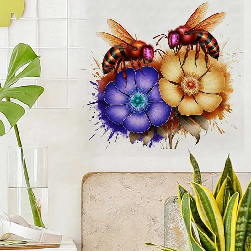 Watercolor Bee Purple Flower Wall Stickers Decal for Bathroom Living Room Cabinet Fridge Home