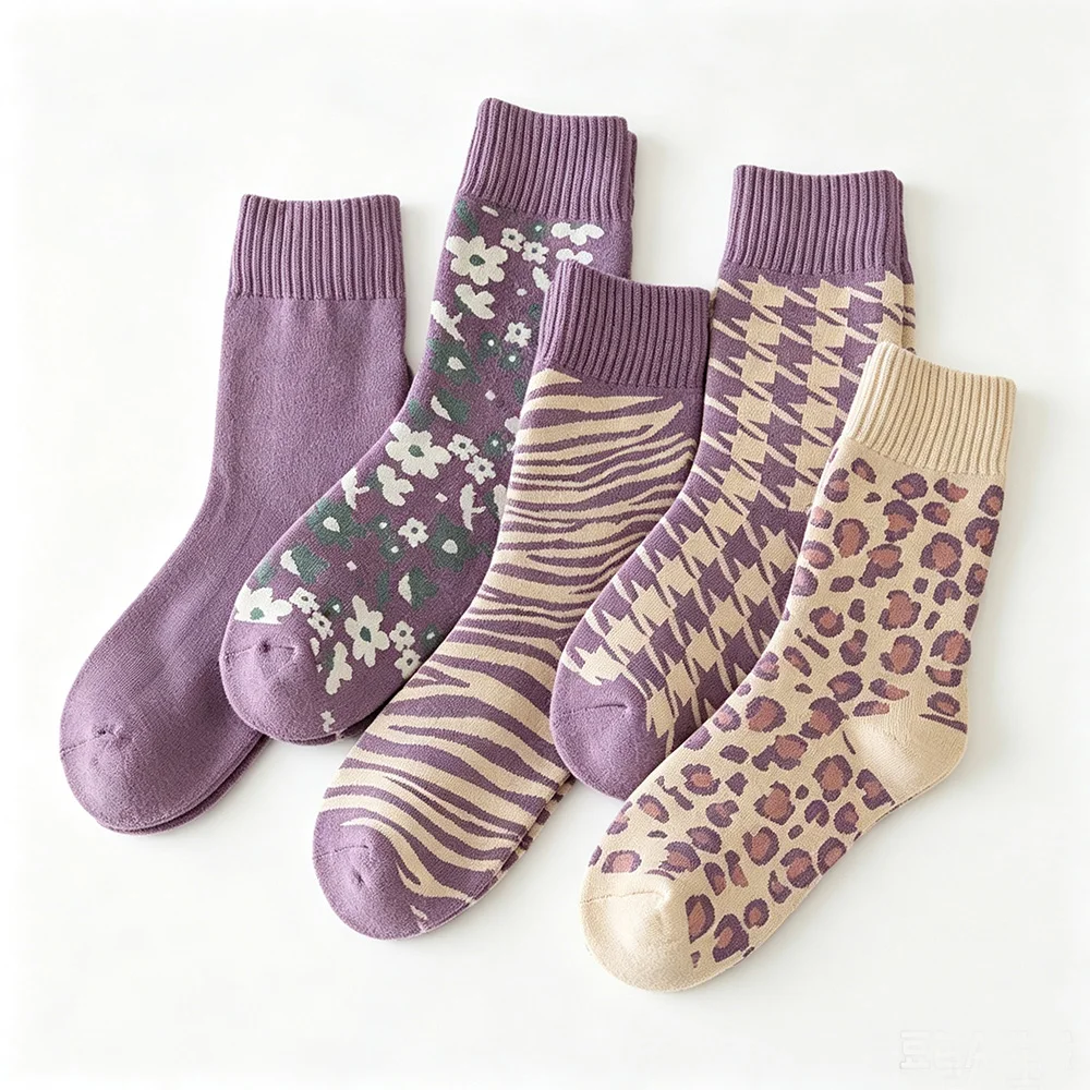5 Pair Keep Warm Winter Women Socks Purple Floral Leopard Zebra Print Fashion Casual Soft Thick Female Floor Socks