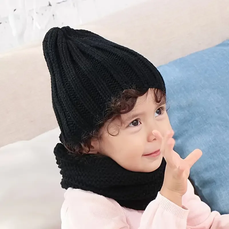 Baby Boys And Girls Cute Knitted Hat & Scarf, Thermal Solid Windproof Hat For Winter