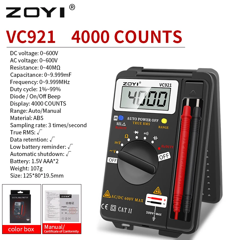 capacitance resistance frequency tester Digital Multimeter ZOYI VC921 3 3/4 Personal Mini Digital Multimeter Handheld Pocket