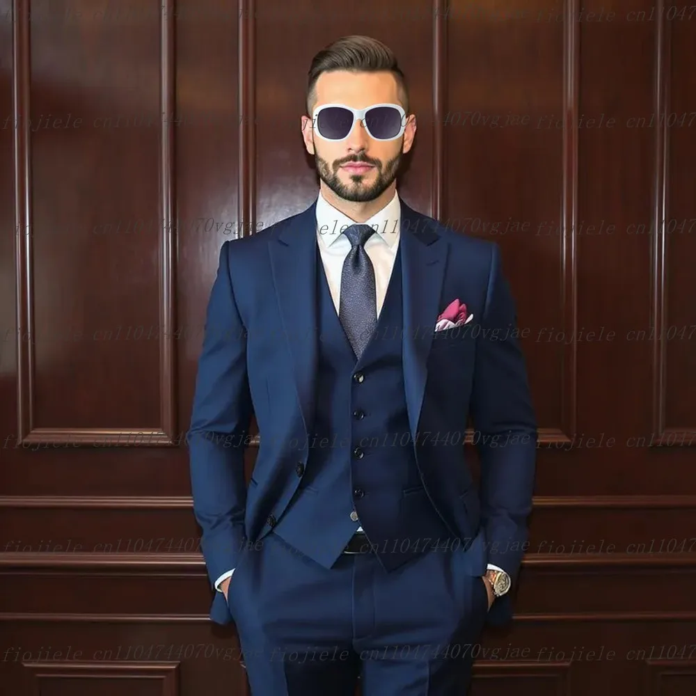 

Navy Blue Formal Occasion Men Suit Wedding Party Groom Groomsman Business Male Tuxedos Customize 3 Piece Set Jacket Vest Pants