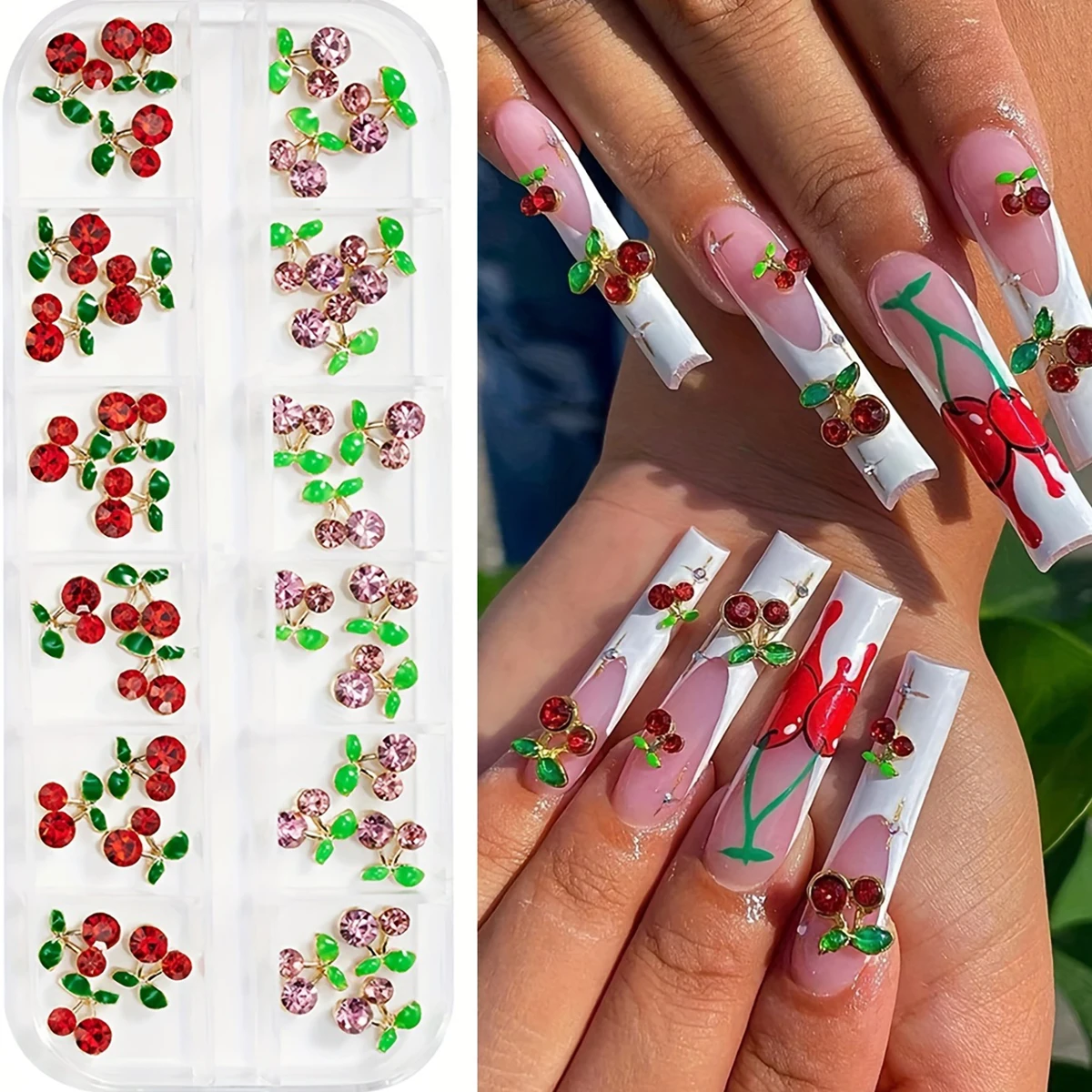 60pcs Cherry Nail Art Charms with Rhinestones, 3D Alloy Glitter Manicure Decorations, Mixed Color Cherry Embellishments for Nail Design