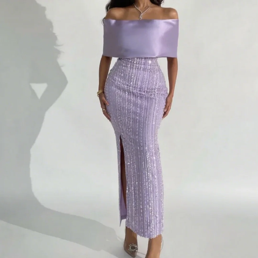 

Off Shoulder Beaded Strapless Leg Split Formal Prom Gowns Lilac Formal Evening Dresses Dubai Arabic Wedding Party Customized