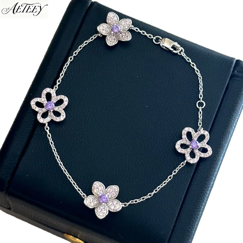 AETEEY S925 Sterling Silver 5 Petal Flower Bracelet Light Pink & Purple Zircon Micro Pave Light Luxury Women Hand Jewelry