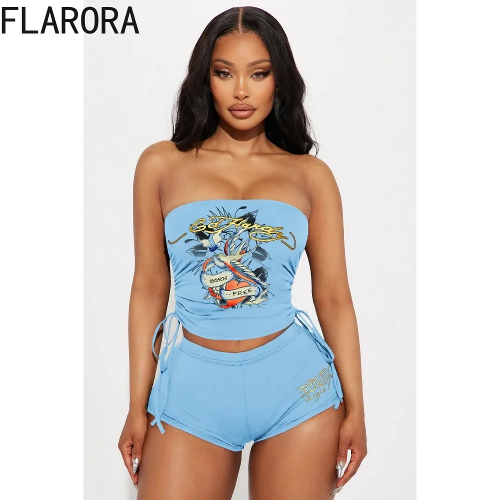 FLARORA Fashion Y2K Graffiti Print Women\'s Two Pieces Set Woman Strapless Backless Crop Tops And biker Shorts Outfits Streetwear